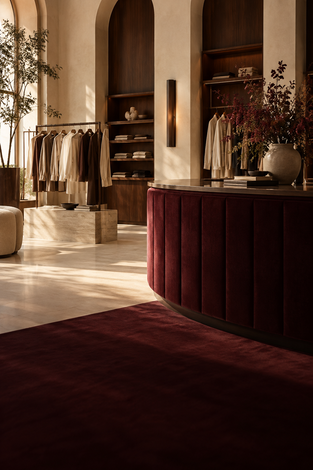 Intérieur de boutique aux matières naturelles et accents bordeaux, image d’ambiance